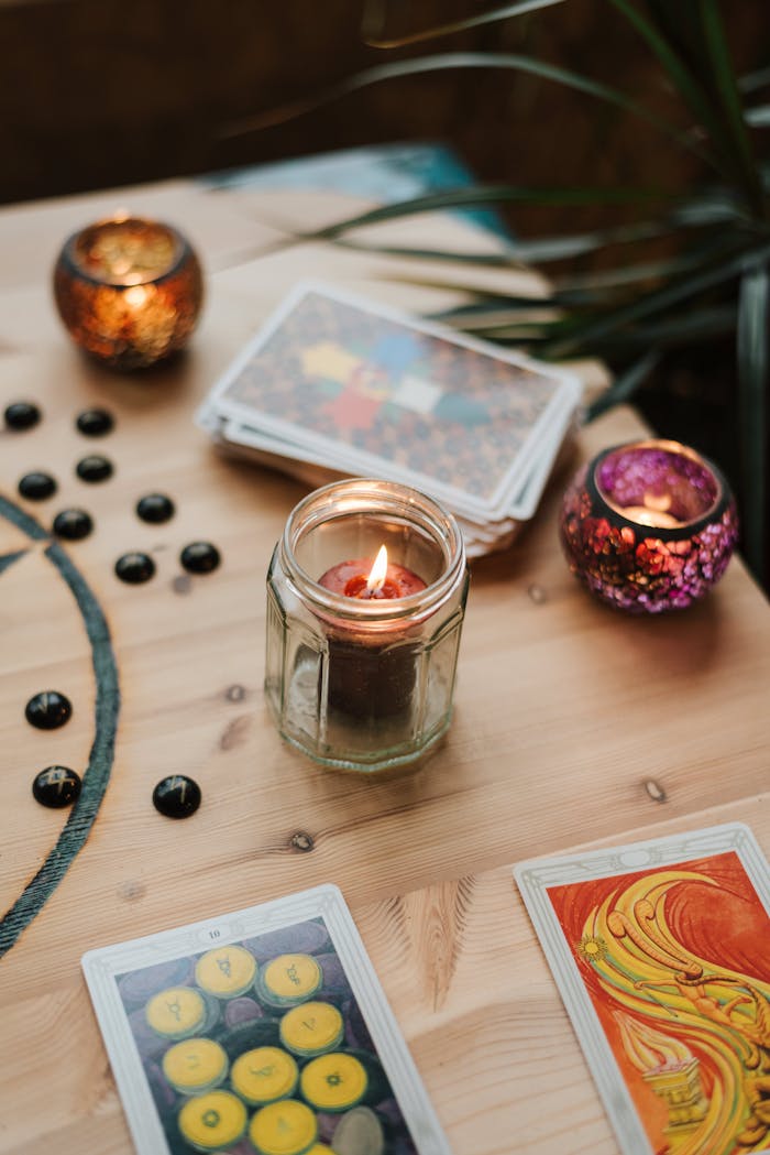 A cozy setup with tarot cards, a burning candle, and decorative elements for fortune telling.